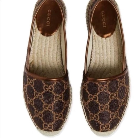 Authentic Gucci WOMEN'S HERITAGE GG LAMÉ ESPADRILLE IN BROWN size 5 - Picture 3 of 8